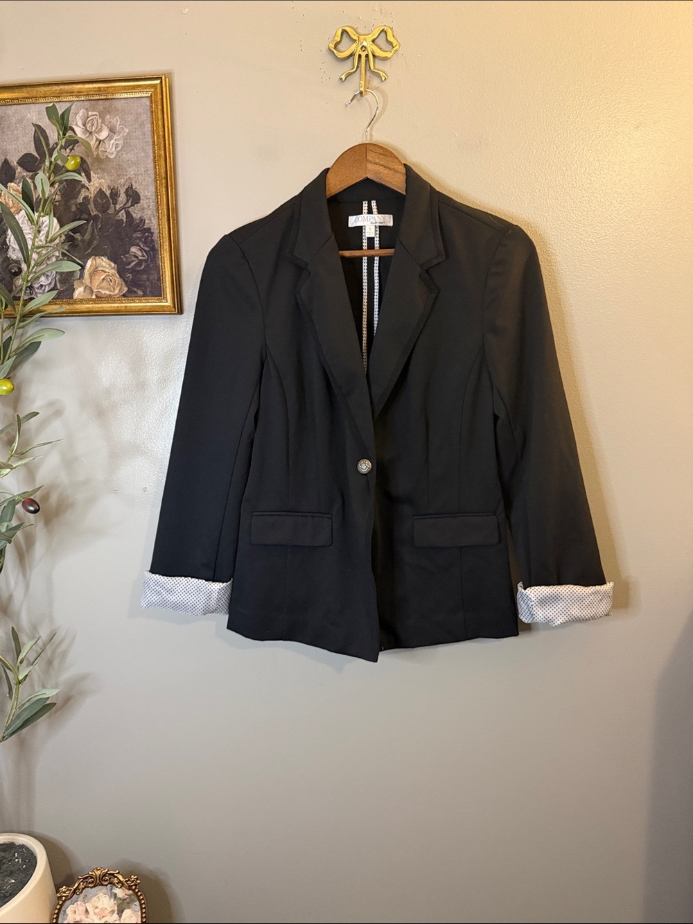 Company Ellen Tracy Black Blazer Small Polka Dot Cuff Crest Button Stretch - Picture 2 of 9